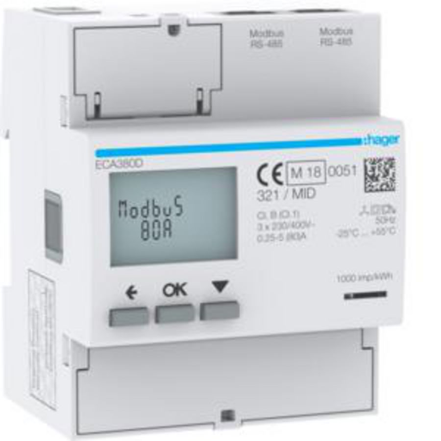 Elektriciteitsmeter kWh 3F direct 80A 4 mod Modbus RJ45 MID