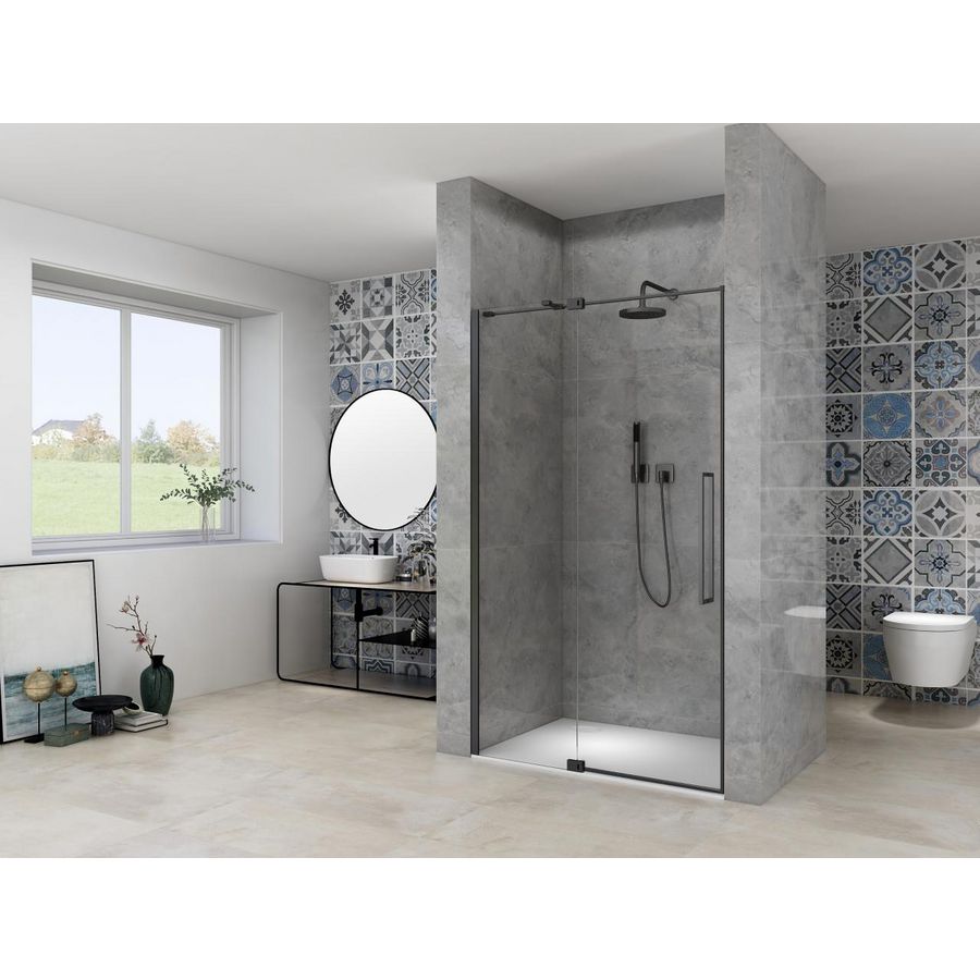 Nis draaideur 2 delig 850-950x2000mm 8mm helder glas incl. glasbehandeling zwart muurprofiel greep en stabilisatiestang