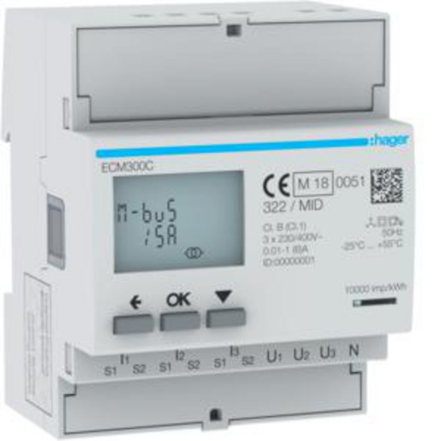 Elektriciteitsmeter kWh 3F via CT 1A 5A 4 mod. M-bus MID