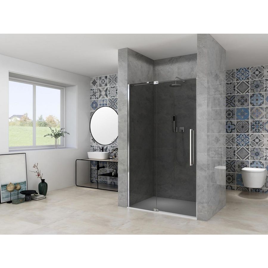 Nis draaideur 2 delig 850-950x2000mm 8mm grijs rookglas incl. glasbehandeling chroom muurprofiel greep en stabilisatiestang