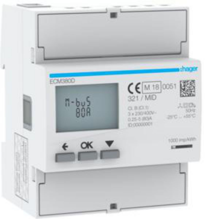 Elektriciteitsmeter kWh 3-fase direct 80A 4 mod. M-bus MID