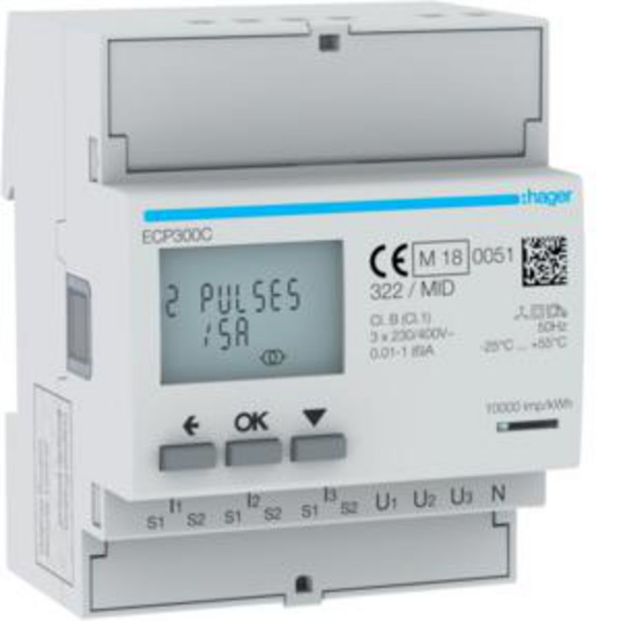 Elektriciteitsmeter kWh 3F via CT 1A 5A 4 mod. S0