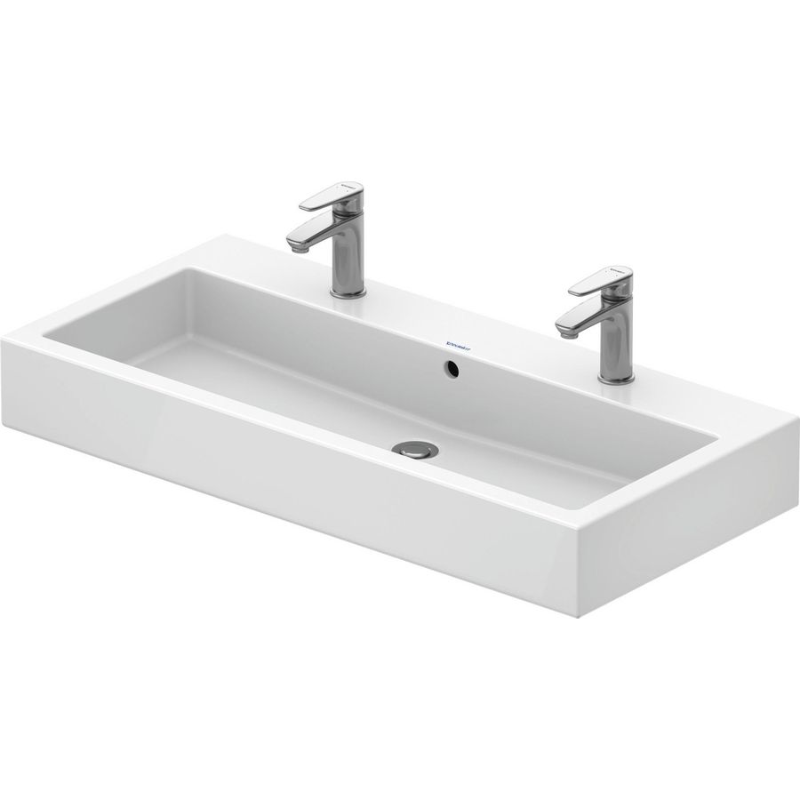VERO #045410 wastafel 1000mm wit met 2 kraangaten met overloop geslepen onderzijde