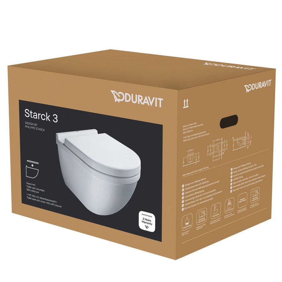 Wandcloset #222509 combipack Starck3 54cm Durafix wit incl. afneembare softclose zitting rvs scharnier